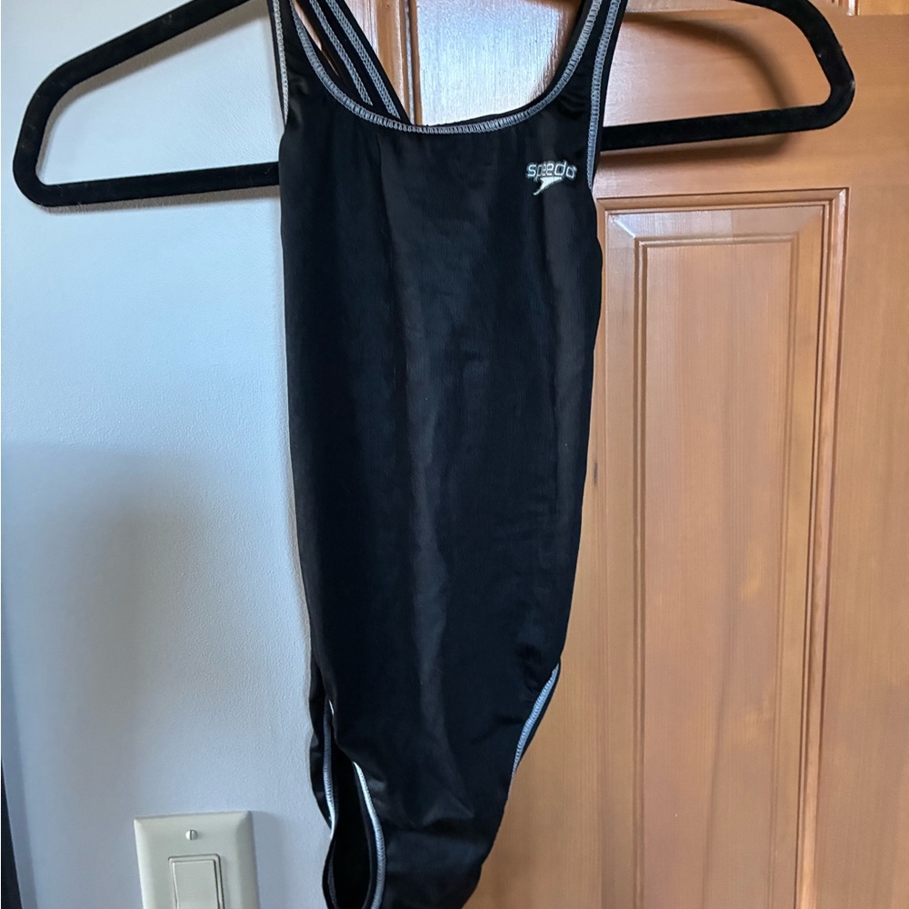 Speedo Black One-Piece Swimsuit White Trim Racing Training Size 28
